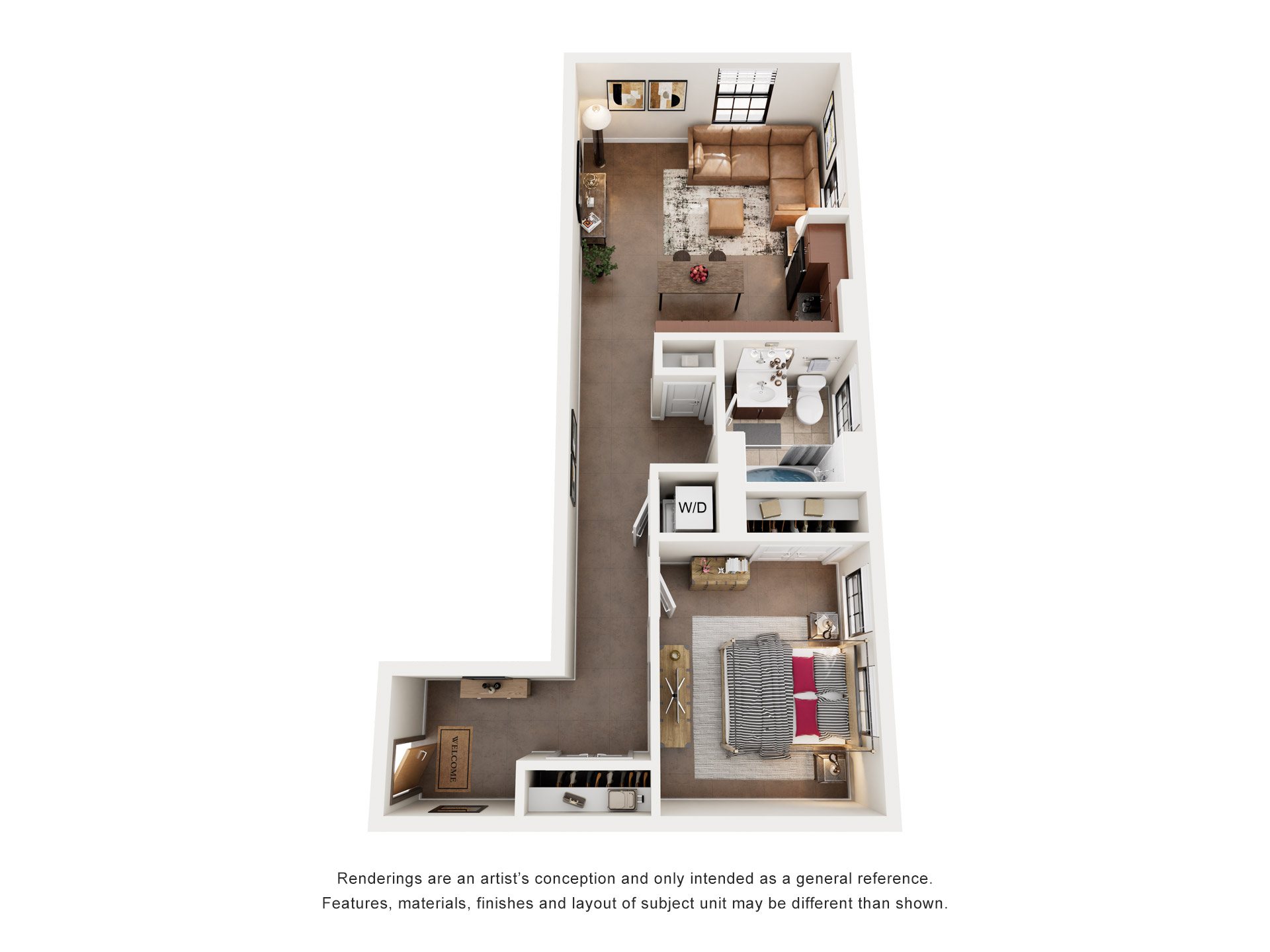 Floor plan for 1 bed, 1 bath, 666 sqft